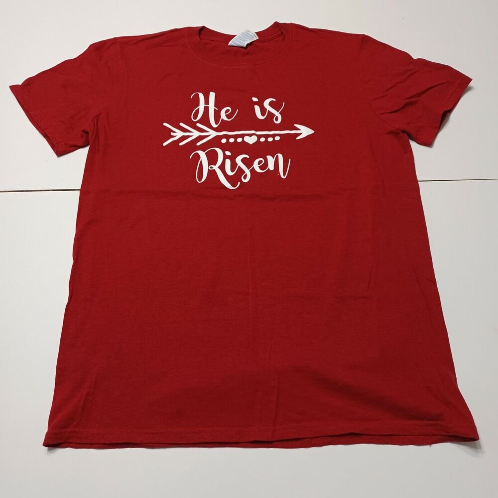 Jesus Tee Gildan Soft Womens Medium T-Shirt Gray Red Short Sleeve M He Is Risen